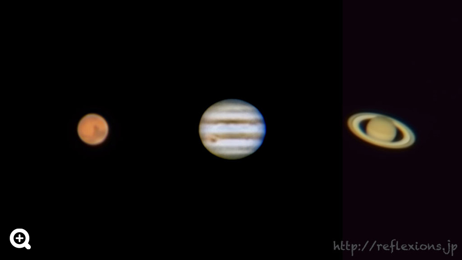 左から、火星、木星、土星|
口径203mm天体望遠鏡、M4/3デジタル一眼で撮影した動画より処理、赤道儀使用