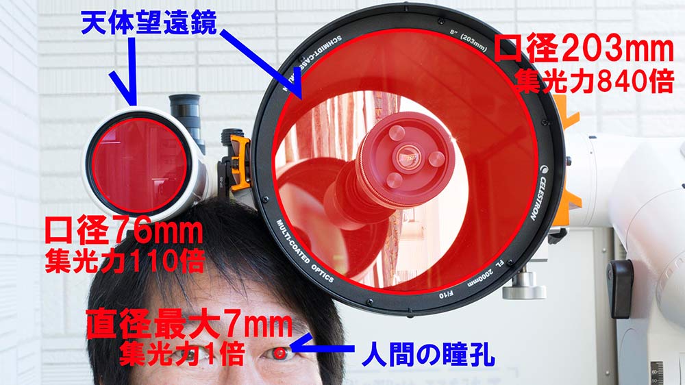 人間の眼（直径7mm)と天体望遠鏡の対物レンズの大きさの比較。