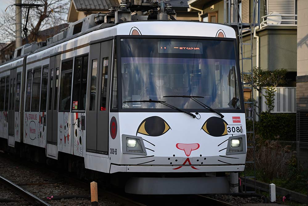 東急世田谷線の招き猫ラッピング車両を連写した中の1枚。120mm 1/500秒 F4 ISO200